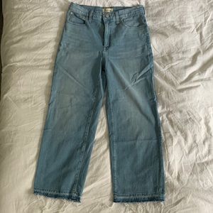 Madewell slim wide leg crop jeans; distressed hem